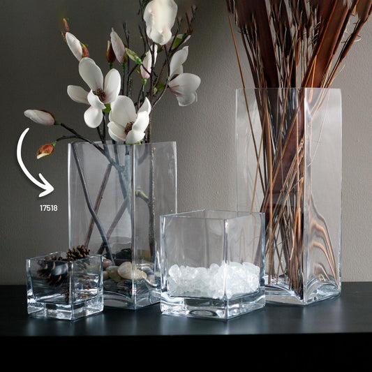 Decorative Senses 6" x 6" x h:12" Square Clear Glass Vase - Case Pack: 4